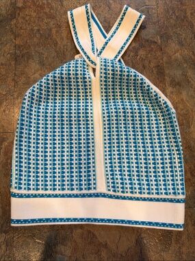 bebe Blue and White Zip-Front Knit Halter Top